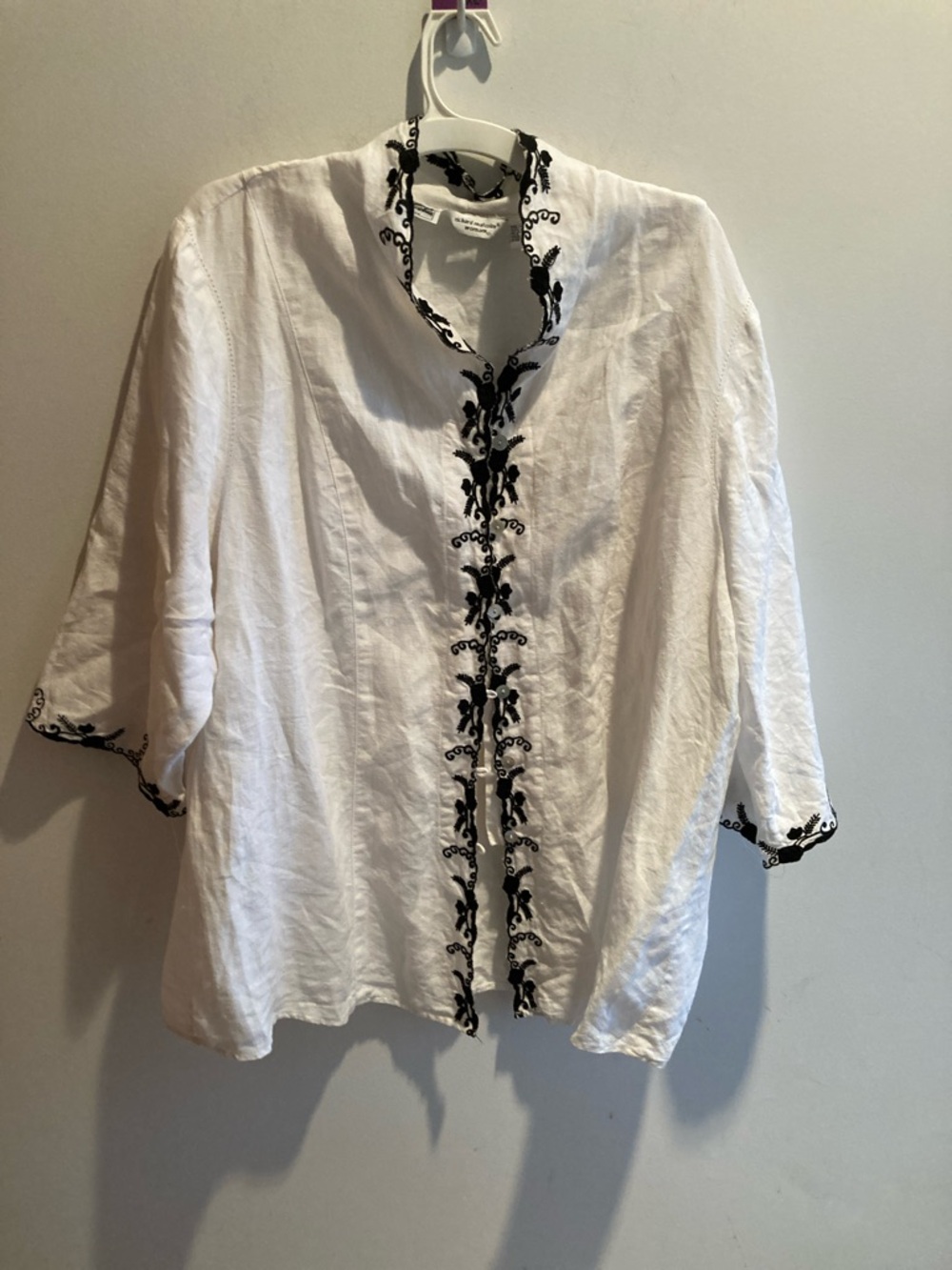 White Irish Linen Embroidered Women's Top with Black embroidery Trim